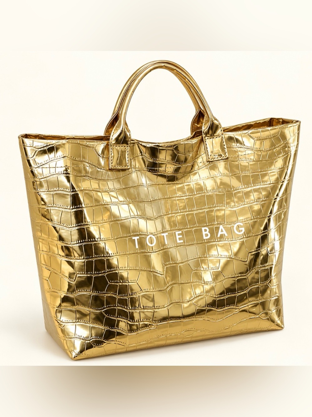 Metallic Gold Croc-Embossed Tote Bag